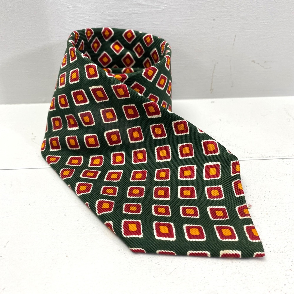 Vtg Huntington Silk Tie Mens Green Red Gold Geometric Diamond Pattern USA Made